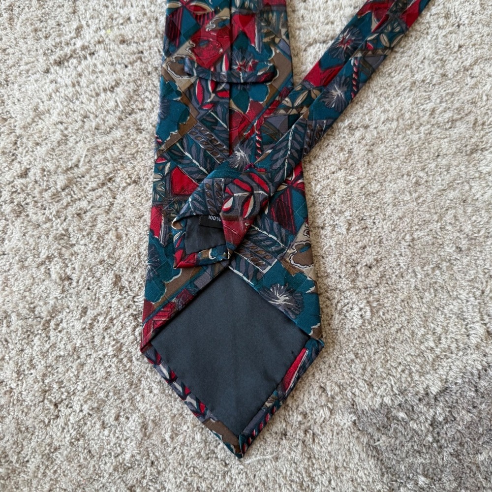 Vintage Abstract Floral Silk Tie Teal Red Geometric Handmade RN43170 3.5x59 - Picture 3 of 8